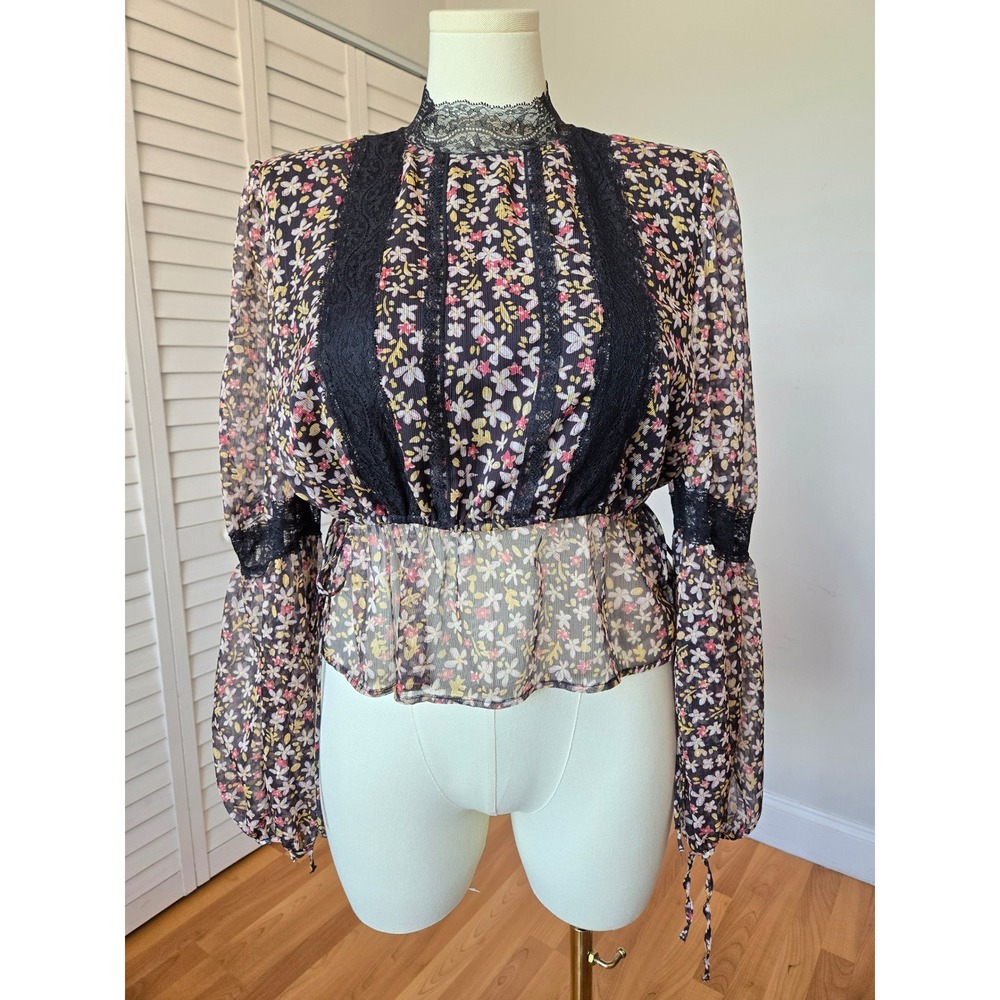 Topshop Floral Lace Trim Mock Neck Sheer Blouse Sz 10 Cottage Romantic Victorian - Picture 2 of 10